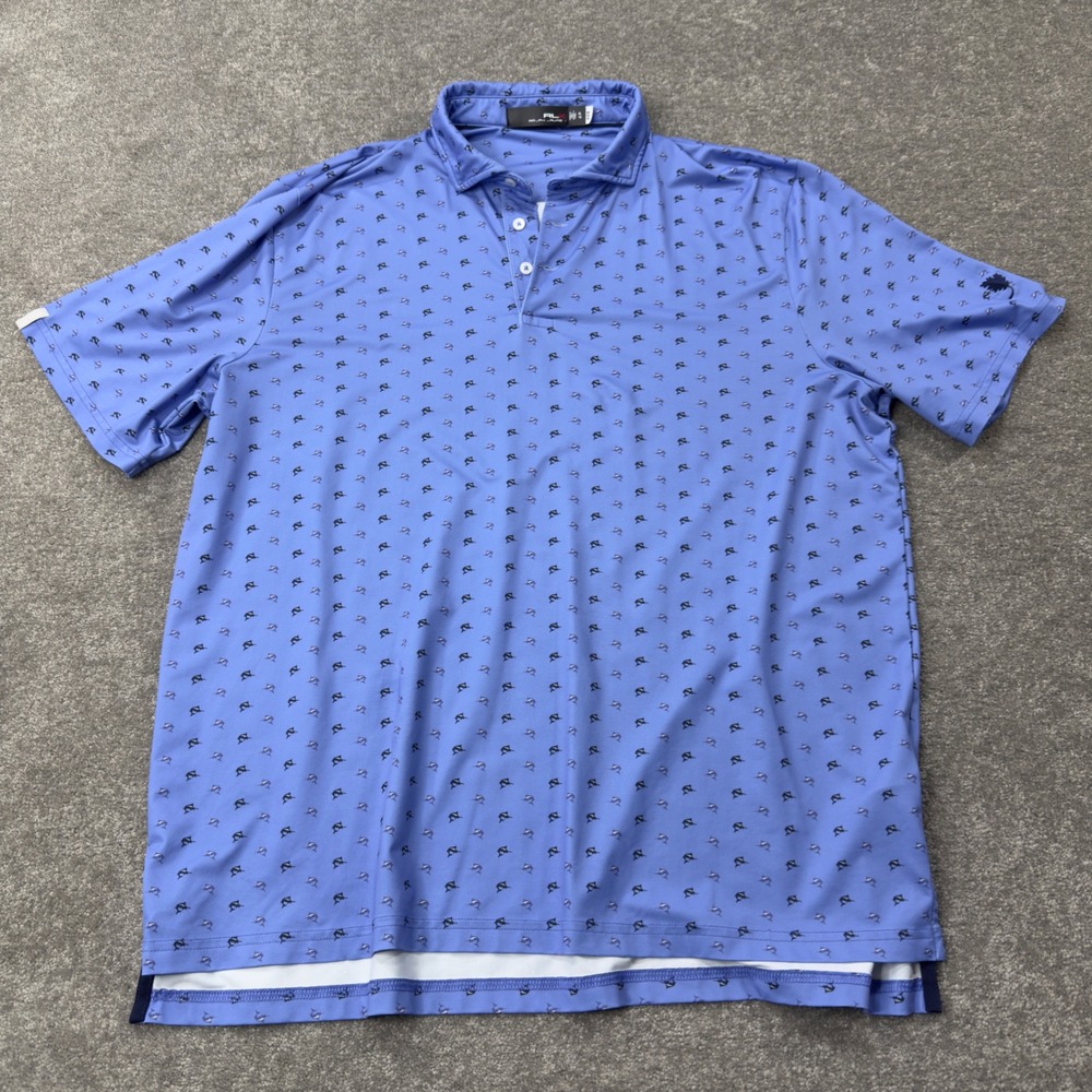 RLX Ralph Lauren Golf Polo Mens XL Blue Marlin All Over Print Performance Shirt